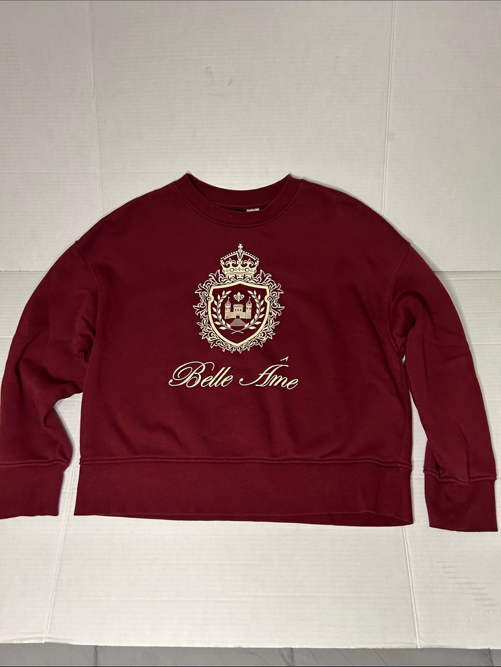 Divided Size Small Burgandy Cropped Crewneck Sweatshirt. Large crest logo